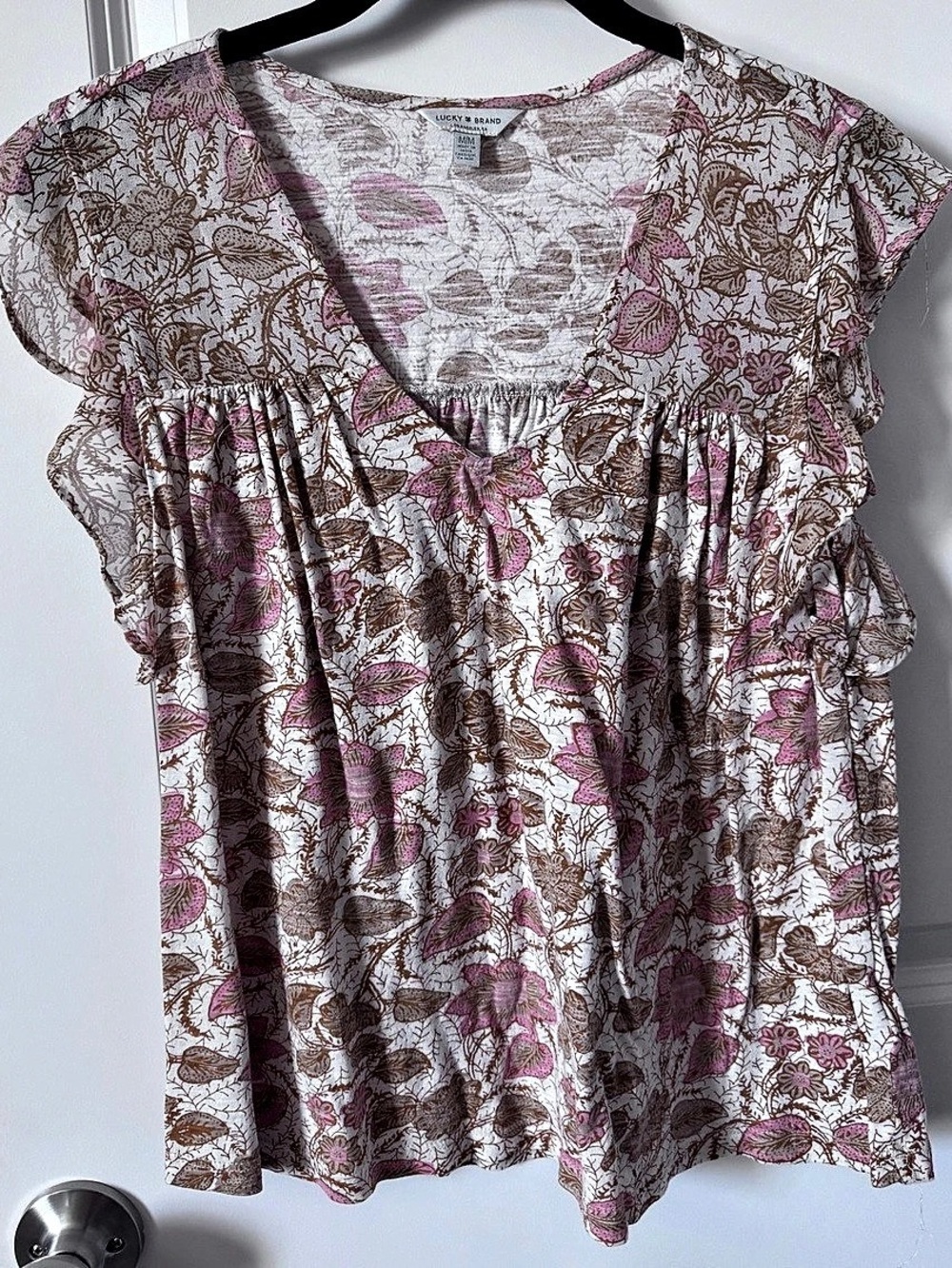 Lucky Brand Floral Ruffle Sleeve Blouse in Pink & Brown Size Medium